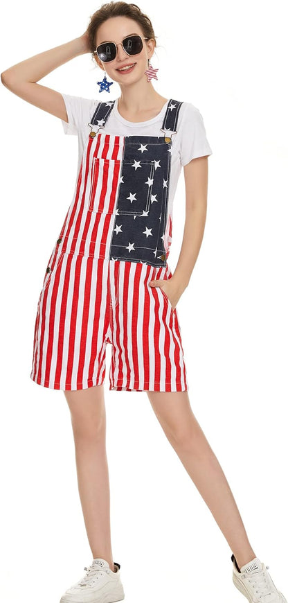 American Flag Denim Overall Jean Romper Shorts Summer