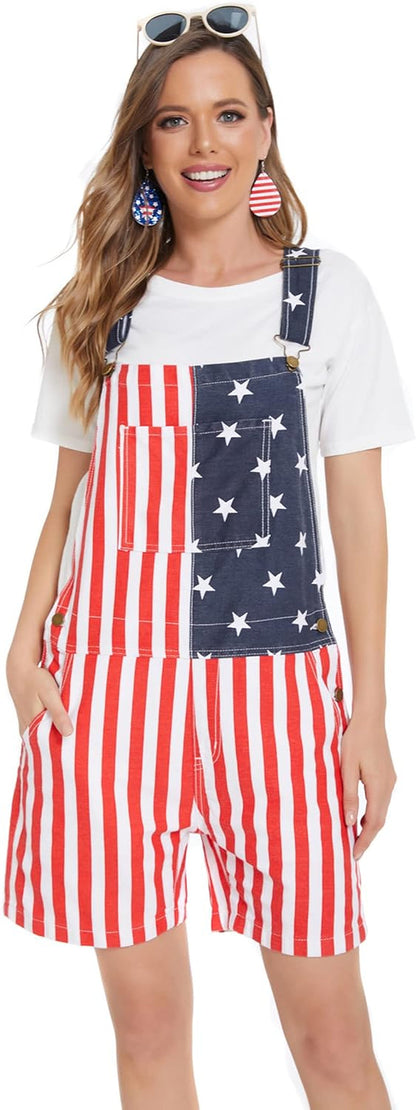 American Flag Denim Overall Jean Romper Shorts Summer